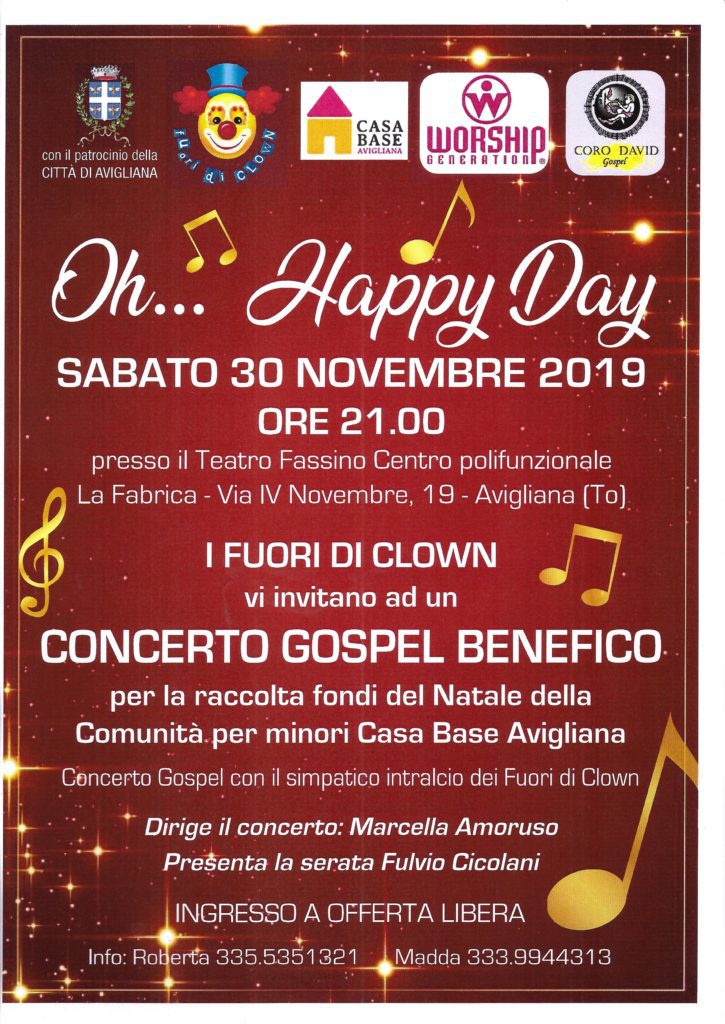 Sabato 30 novembre alle 21 sul palco del Teatro Fassino di Avigliana si svolge un concerto Gospel per beneficenza. Il ricavato andrà alla Comunità per minori Casa base di Avigliana. 